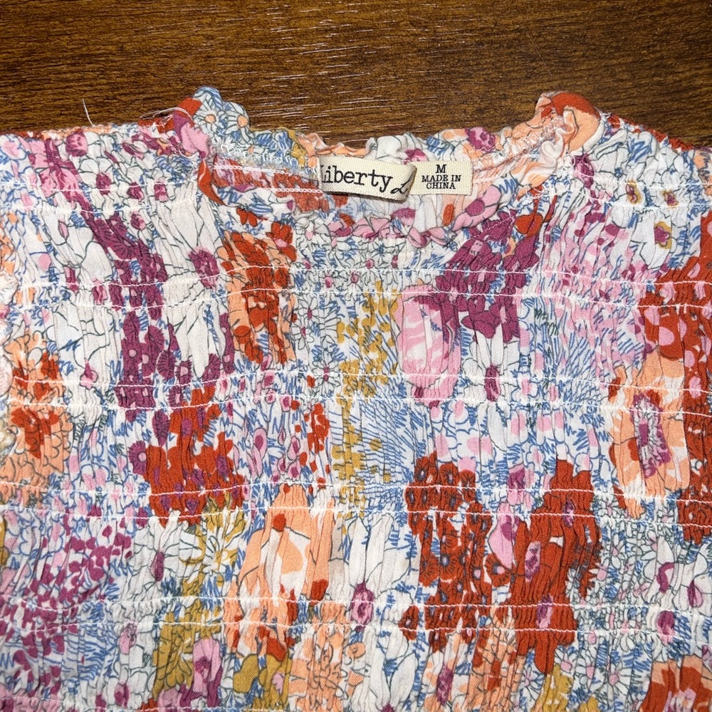 Liberty Love Floral Ruffled Smocked Crop Top Mock Neck Cottagecore Boho Size XS - Picture 7 of 11